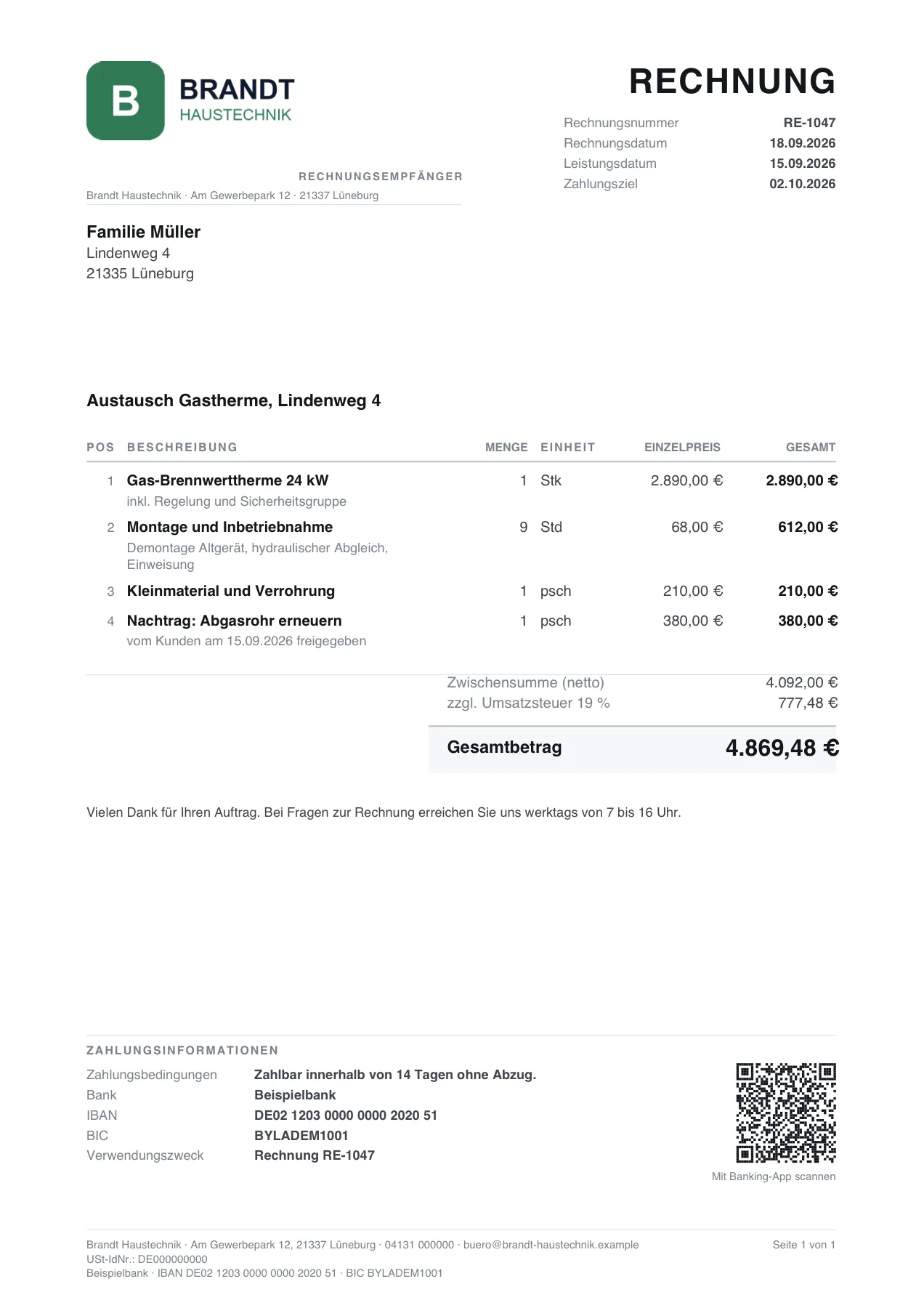 Rechnung RE-1047 von Brandt Haustechnik an Familie Müller: vier Positionen inklusive freigegebenem Nachtrag, Gesamtbetrag 4.869,48 €, Zahlungsinformationen mit GiroCode.